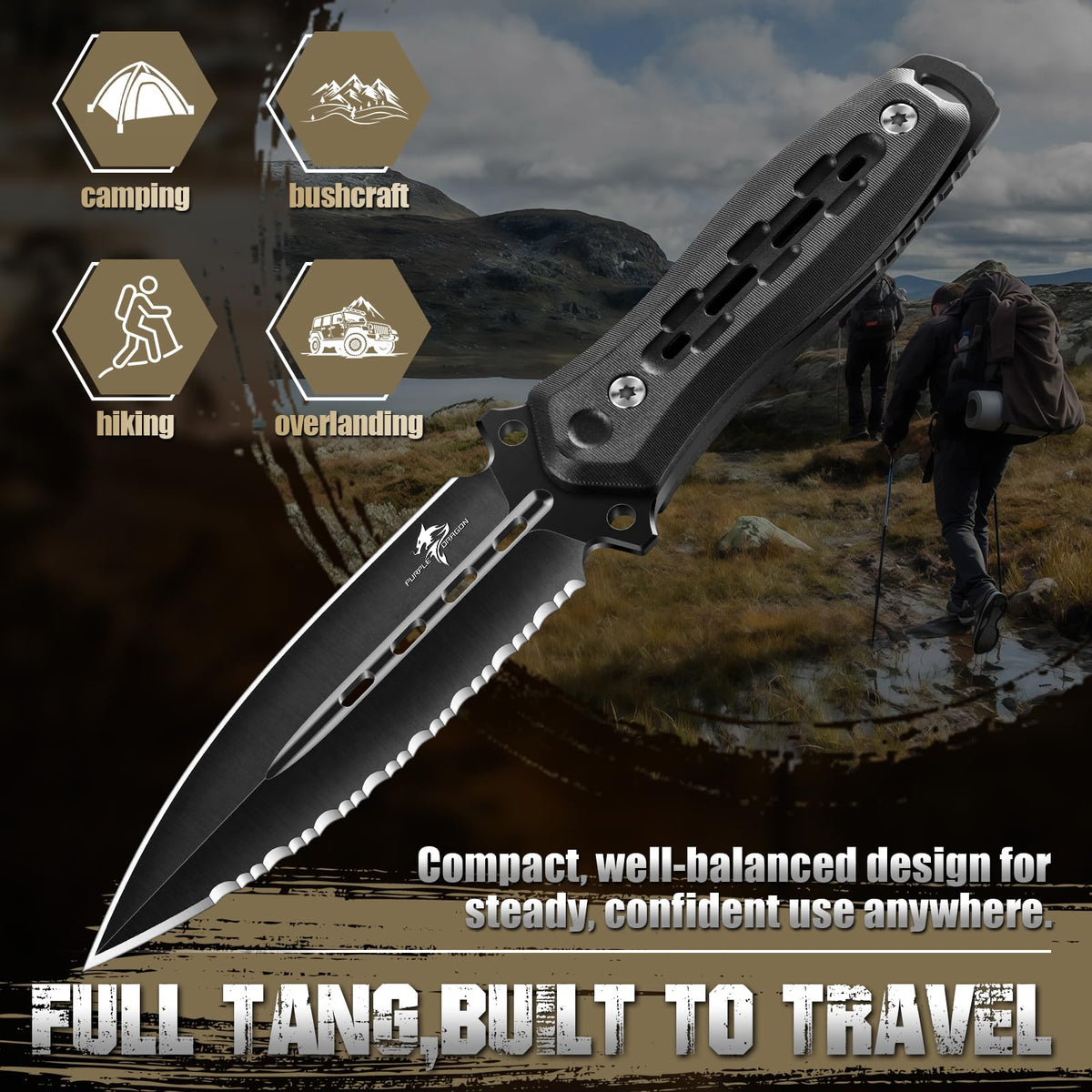 Purple Dragon Fixed Blade Knife with Kydex Sheath,440C Steel Full Tang Outdoor Utility Knife with G10 Handle for Camping, Hiking,Bushcraft & Outdoor Use-Black