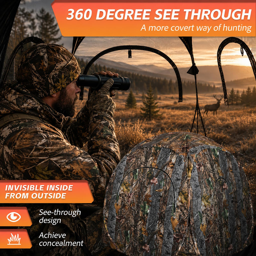 FUNHORUN Hunting Blind 360 Degree See Through with Floor Mat, 2/3 Person Ground Blind, Quick Set Pop Up Tent, Spring Steel Camouflage Tent for Deer and Turkey