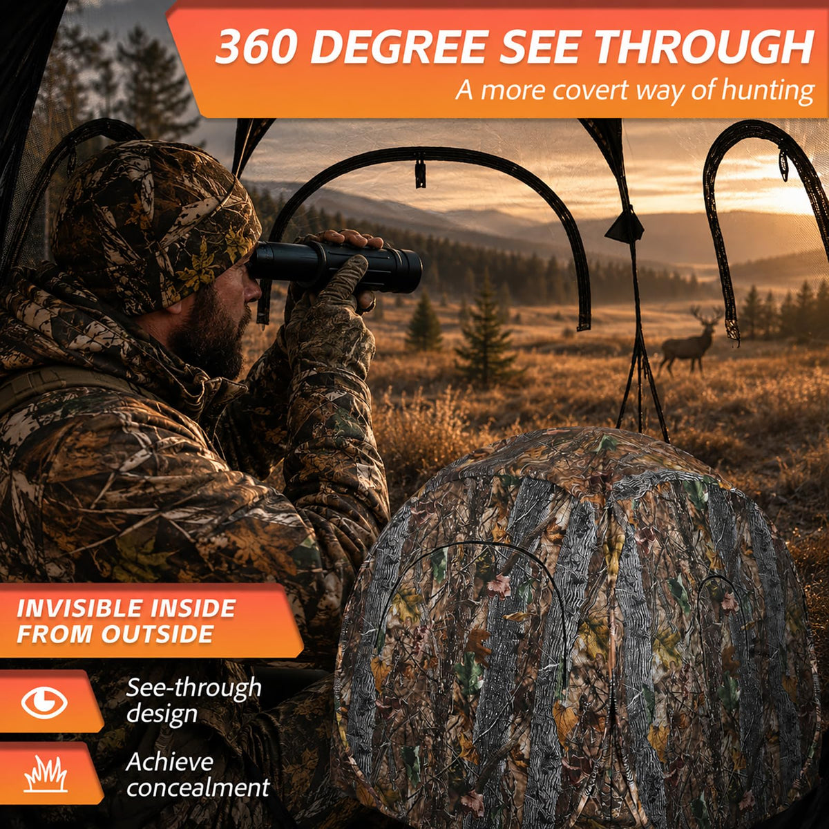 FUNHORUN Hunting Blind 360 Degree See Through with Floor Mat, 2/3 Person Ground Blind, Quick Set Pop Up Tent, Spring Steel Camouflage Tent for Deer and Turkey