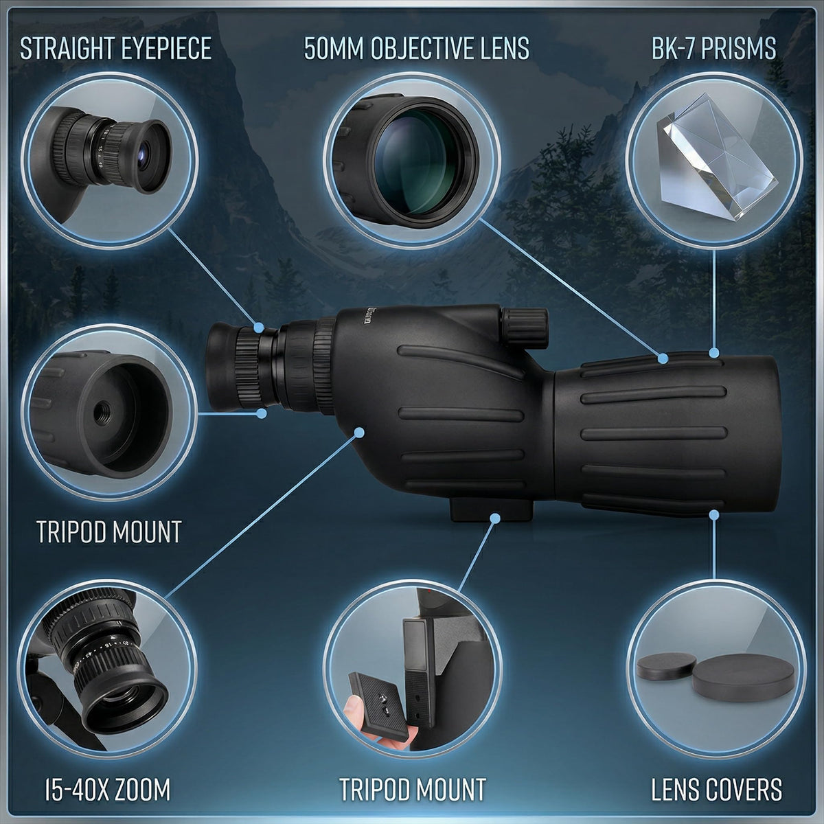 360 TACTICAL Portable Spotting Scope 15X-40X50 Grooved, Retractable Lens Hood Adult Telescope for Hiking Traveling and Viewing for Adult Bird Watch w/Mini Tripod-Clam Package