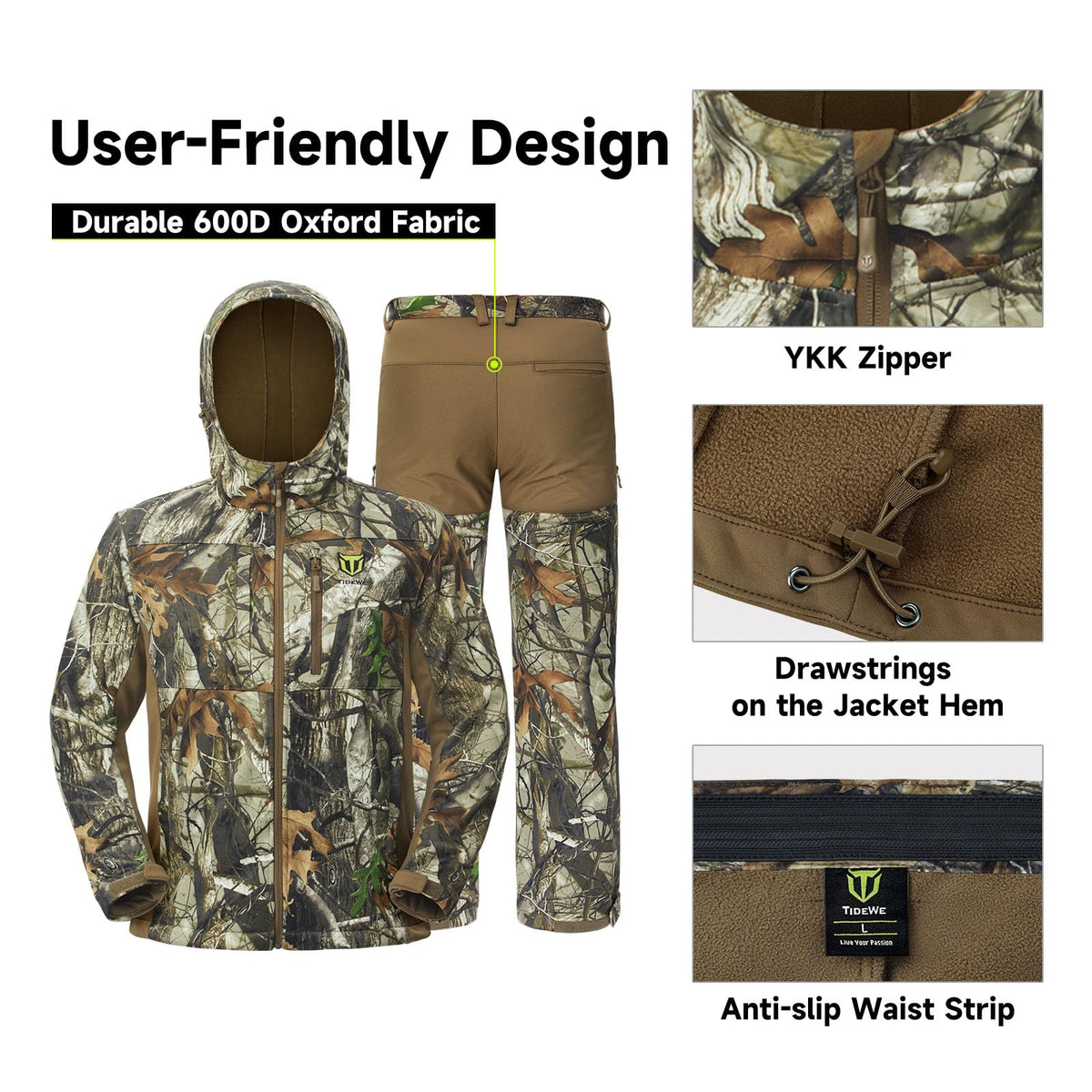TIDEWE Hunting Clothes for Men with Fleece Lining, Safety Strap Compatible Water Resistant Silent Jacket and Pants, Hunting Suit for Climbing Hiking Trekking Camping (Next Camo G2 Size L)