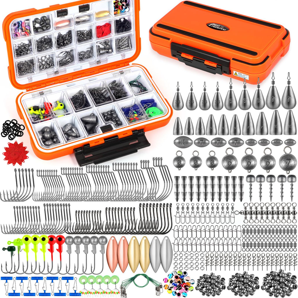 PLUSINNO Fishing Gear Accessories Kit, 449PCS Fishing Tackle Box with Tackle Included, Fishing Hooks, Fishing Weights Sinkers, Jig Heads, Fishing Tackle Set Equipment for Bass Trout, Gifts for men