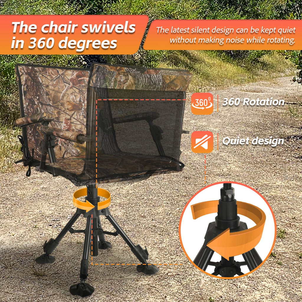 FUNHORUN Hunting Chair with Removable Camouflage Cover, 360 Degree Silent Swivel Hunting Seat with Adjustable 4 Legs Height and Armrests, Tool-Free Foldable Ground Blind Chair, Portable Seat