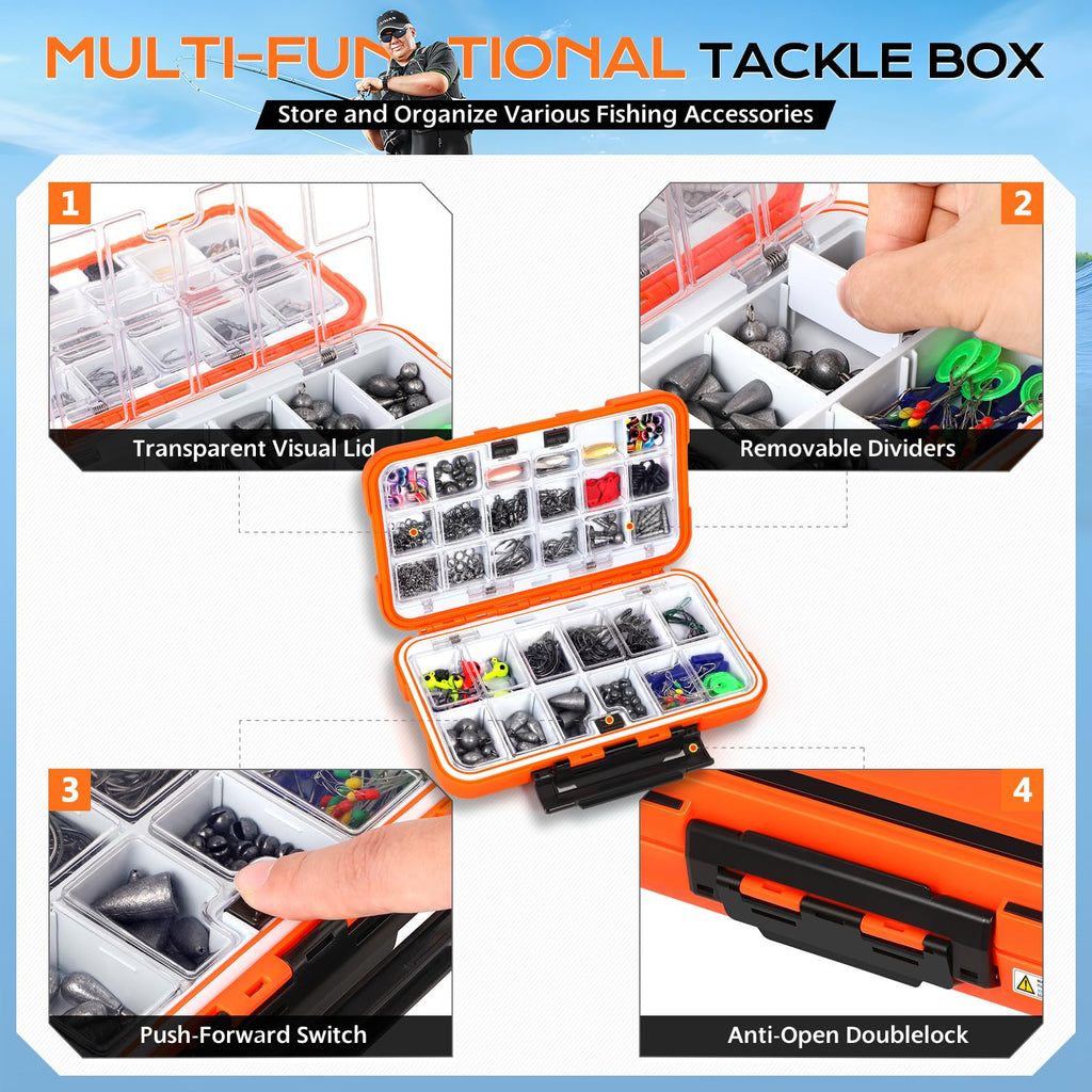 PLUSINNO Fishing Gear Accessories Kit, 449PCS Fishing Tackle Box with Tackle Included, Fishing Hooks, Fishing Weights Sinkers, Jig Heads, Fishing Tackle Set Equipment for Bass Trout, Gifts for men