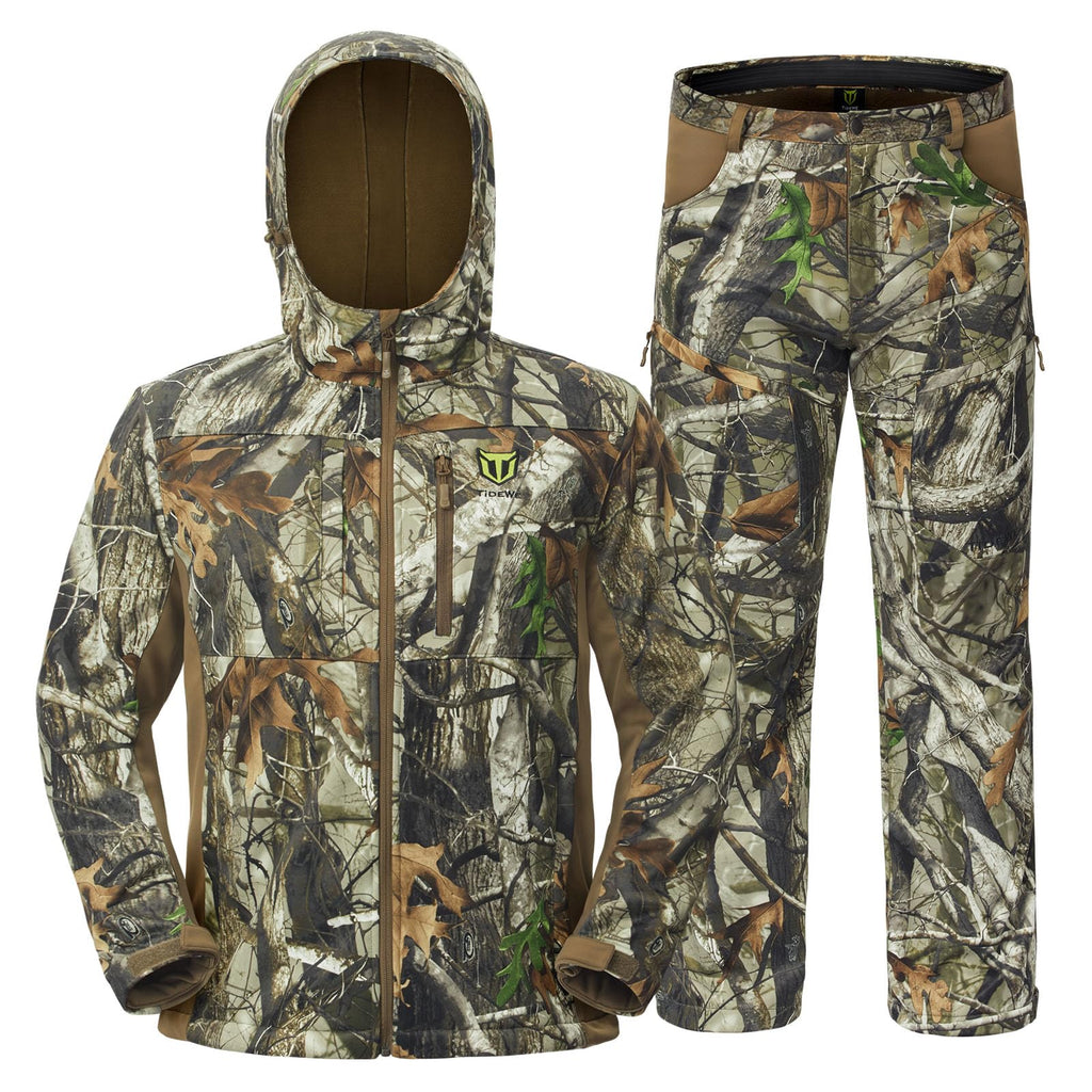 TIDEWE Hunting Clothes for Men with Fleece Lining, Safety Strap Compatible Water Resistant Silent Jacket and Pants, Hunting Suit for Climbing Hiking Trekking Camping (Next Camo G2 Size L)