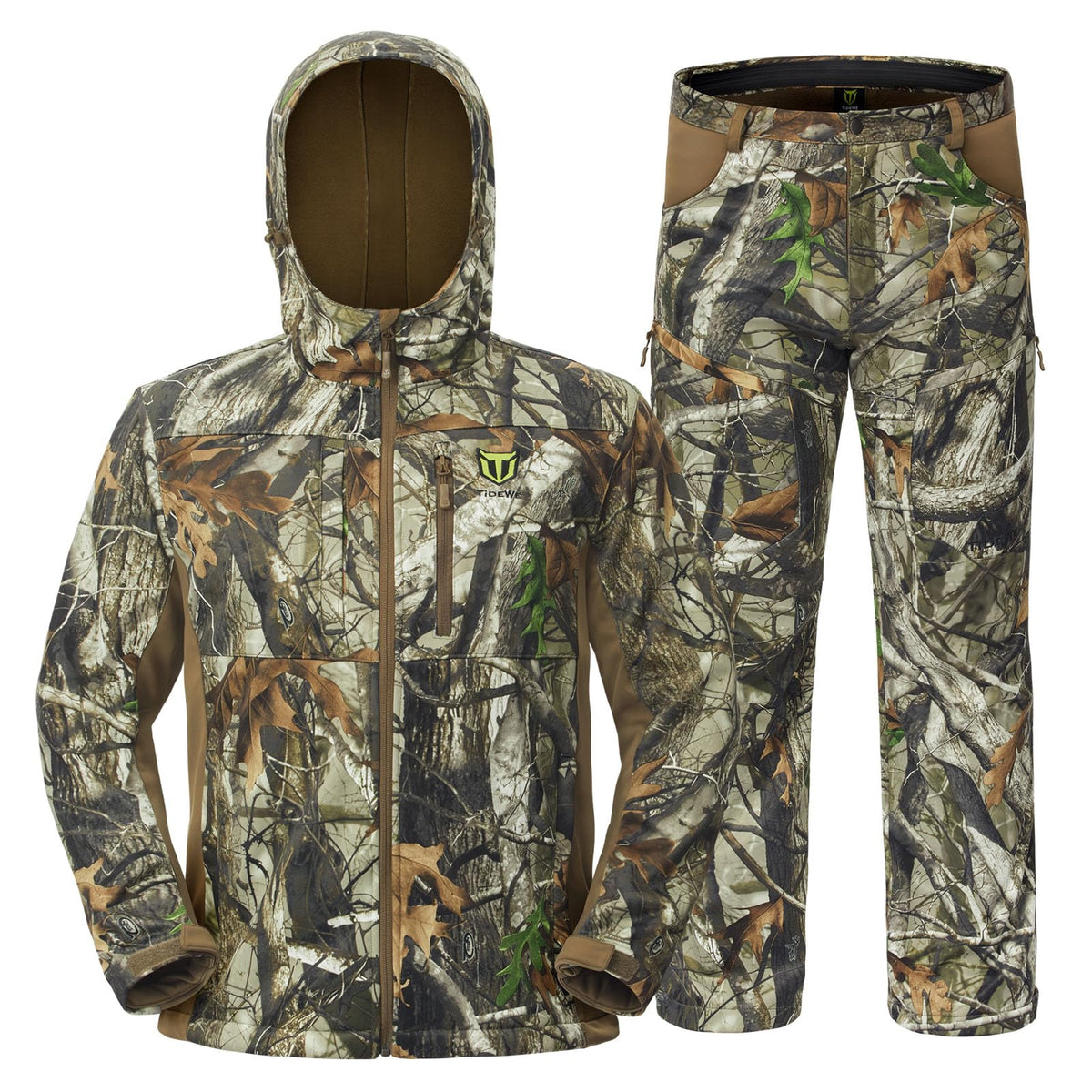 TIDEWE Hunting Clothes for Men with Fleece Lining, Safety Strap Compatible Water Resistant Silent Jacket and Pants, Hunting Suit for Climbing Hiking Trekking Camping (Next Camo G2 Size L)