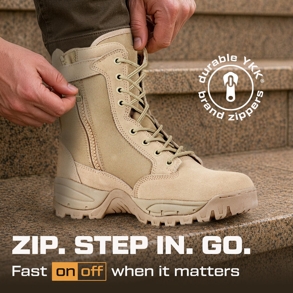 Maelstrom Mens Military Tactical Boots with Side Zipper, Comfortable, Light Weight, Durable for Work and Outdoors, Tan, Size 9 Medium