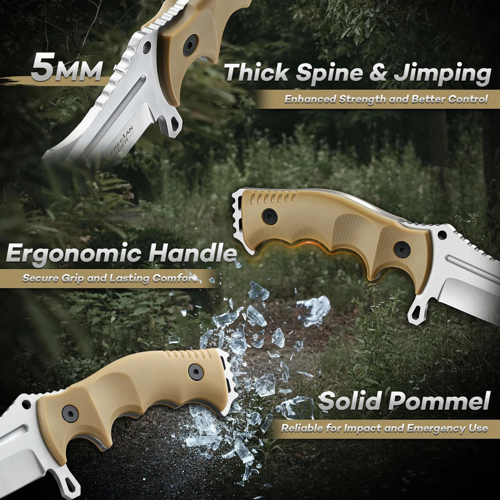 Freelander Fixed Blade Knife with Sheath, Full Tang D2 Steel Survival Knife, Camping Bushcraft Knives with Ergonomic Handle, Outdoor Knives for Men