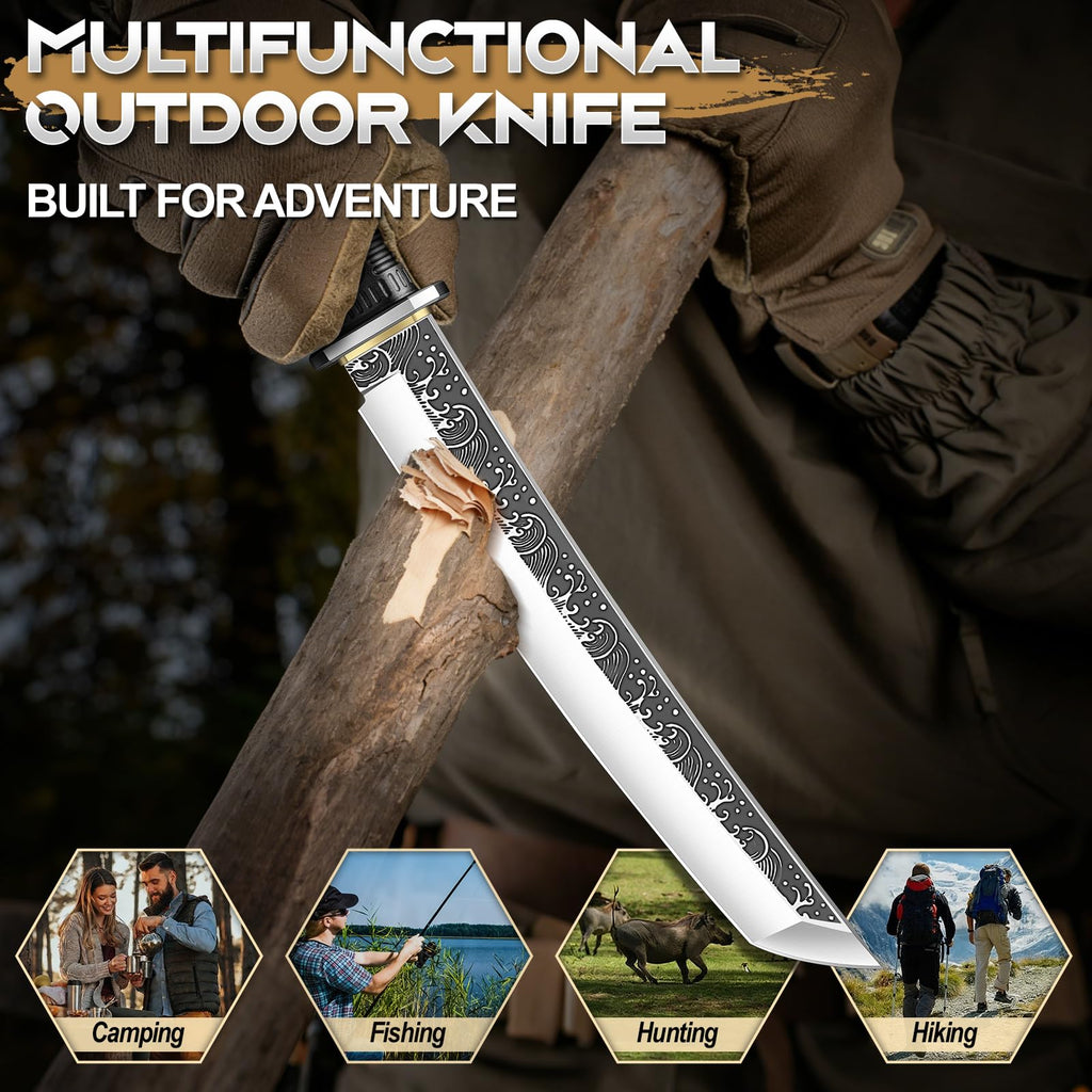 Purple Dragon Tanto Knife with Sheath - Japanese Fixed Blade Knife Forged from a Single Piece of D2 Steel - Survival Knives with G10 Handle - Outdoor Gifts for Men