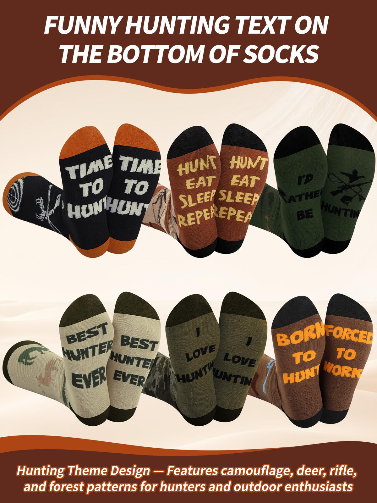 Eurzom 6 Pairs Funny Hunting Socks for Men Novelty Cotton Crew Socks Hunter Essentials Birthday Gift for Hunting Lover(Vivid Color)