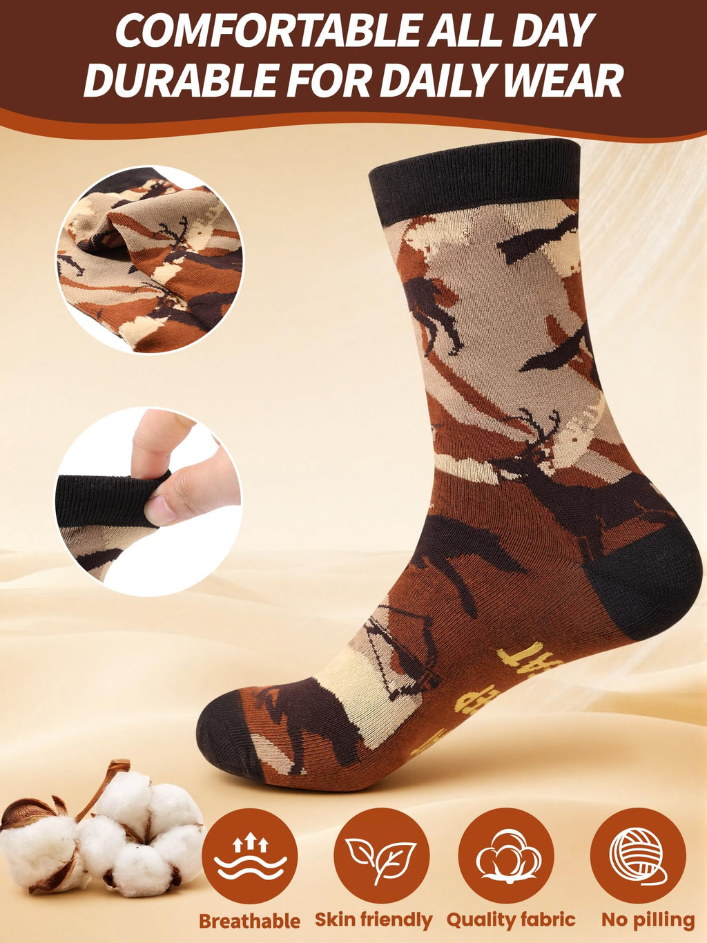 Eurzom 6 Pairs Funny Hunting Socks for Men Novelty Cotton Crew Socks Hunter Essentials Birthday Gift for Hunting Lover(Vivid Color)