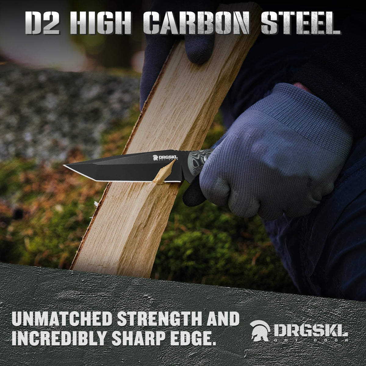 DRGSKL Tanto Fixed Blade Knife - Full Tang Survival Knife for Bushcraft - Camping Knives with Sheath - Black Knives Forged from a Single Piece of D2 Steel - Ideal Gift for Men - Green