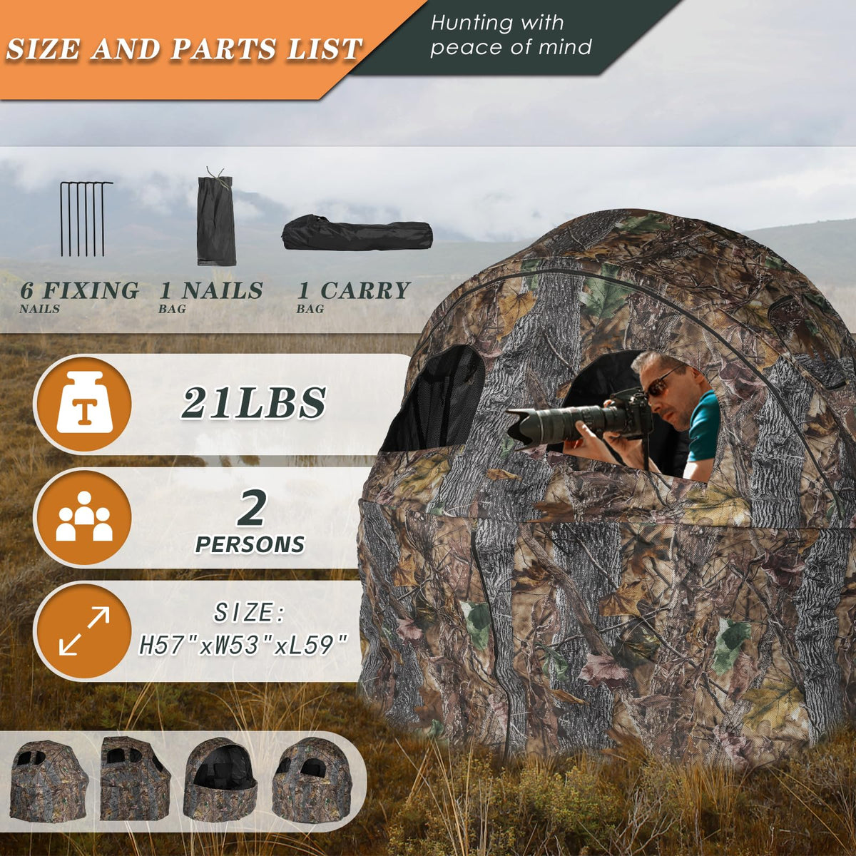 FUNHORUN Hunting Chair Blind, 2 Man See Through Ground Blind, Portable 2 Person Camouflage Chair Tent with Carrying Bag