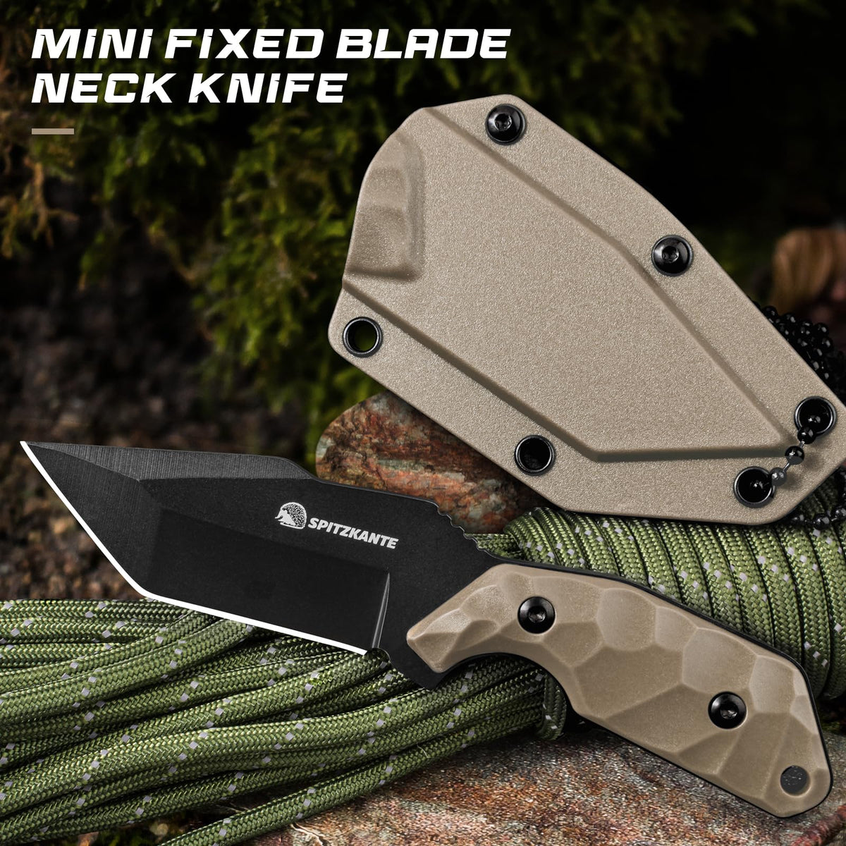 SPITZKANTE Neck Knife with Sheath and Necklace X-TAN-K, Horizontal Carry Knife with Full Tang Tanto 5Cr14MoV Steel Blade, Khaki ABS Handle, EDC, Outdoor, Camping & Hiking