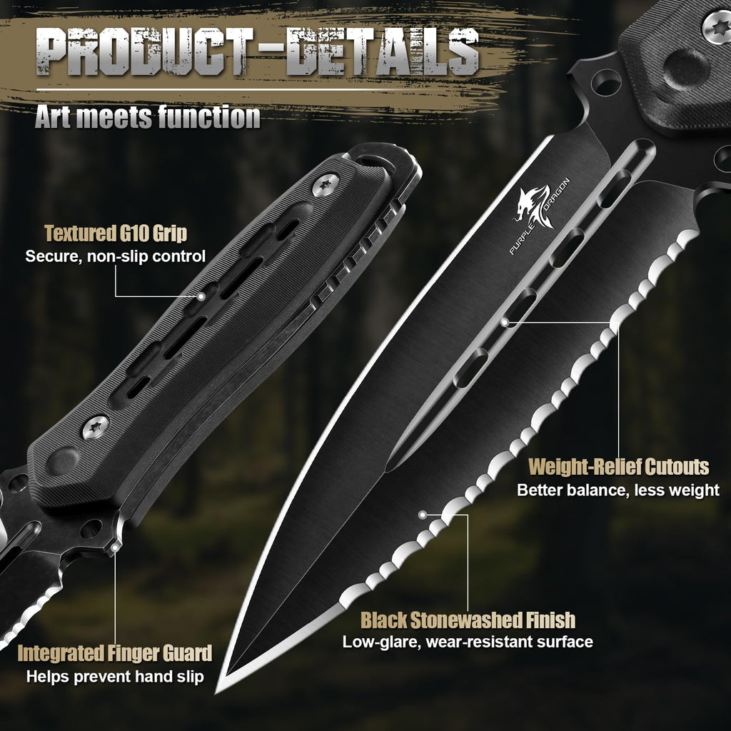Purple Dragon Fixed Blade Knife with Kydex Sheath,440C Steel Full Tang Outdoor Utility Knife with G10 Handle for Camping, Hiking,Bushcraft & Outdoor Use-Black