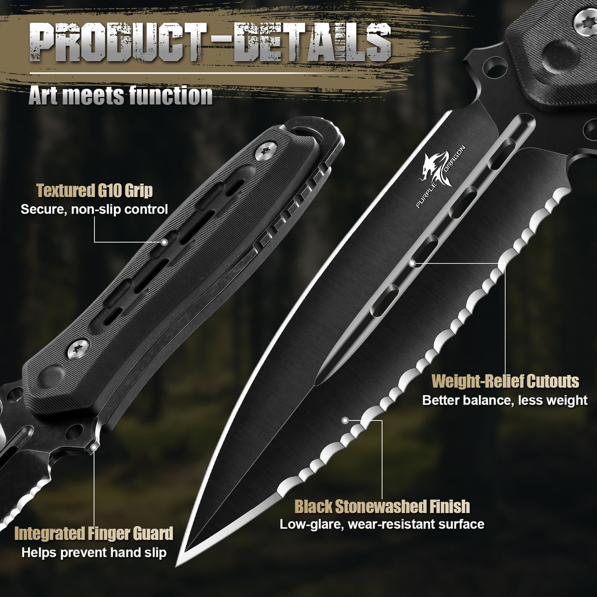 Purple Dragon Fixed Blade Knife with Kydex Sheath,440C Steel Full Tang Outdoor Utility Knife with G10 Handle for Camping, Hiking,Bushcraft & Outdoor Use-Black