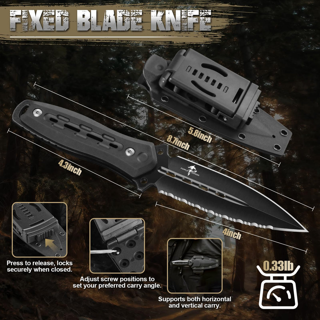 Purple Dragon Fixed Blade Knife with Kydex Sheath,440C Steel Full Tang Outdoor Utility Knife with G10 Handle for Camping, Hiking,Bushcraft & Outdoor Use-Black