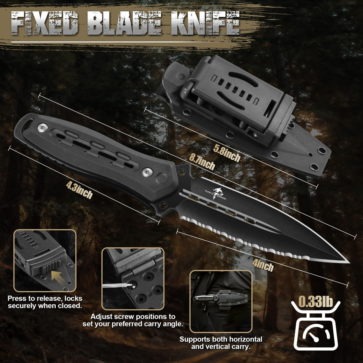 Purple Dragon Fixed Blade Knife with Kydex Sheath,440C Steel Full Tang Outdoor Utility Knife with G10 Handle for Camping, Hiking,Bushcraft & Outdoor Use-Black