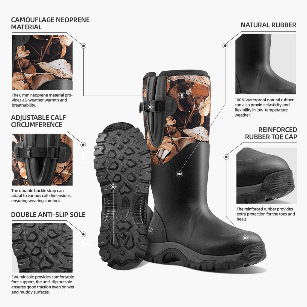 Men's Waterproof Hunting Boots, Camouflage 6mm Neoprene Muck Boots for Outdoor Hunting, Fishing, Farming & Work Black size 12