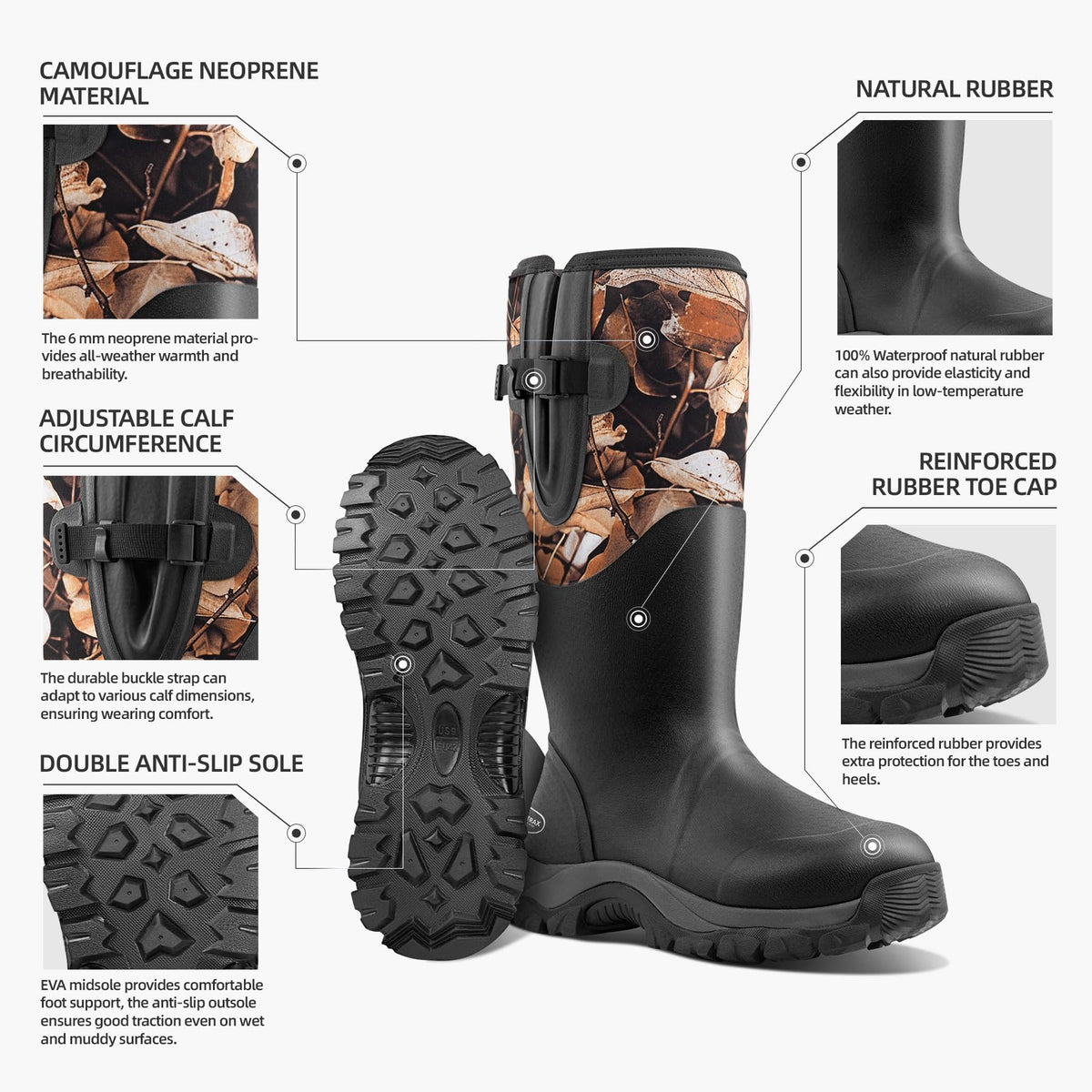 Men's Waterproof Hunting Boots, Camouflage 6mm Neoprene Muck Boots for Outdoor Hunting, Fishing, Farming & Work Black size 12