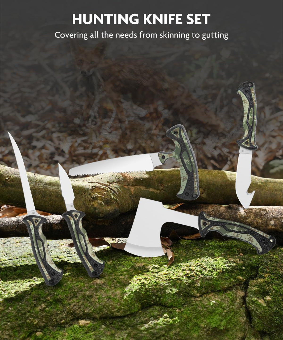 Jellas Hunting Knife Set - Professional Game Processing Kit with Axe, Bone Saw, Skinning & Fillet Knives, Rib Spreader, Sharpener, Portable Field Dressing Kit & Camping Gear in Carry Case