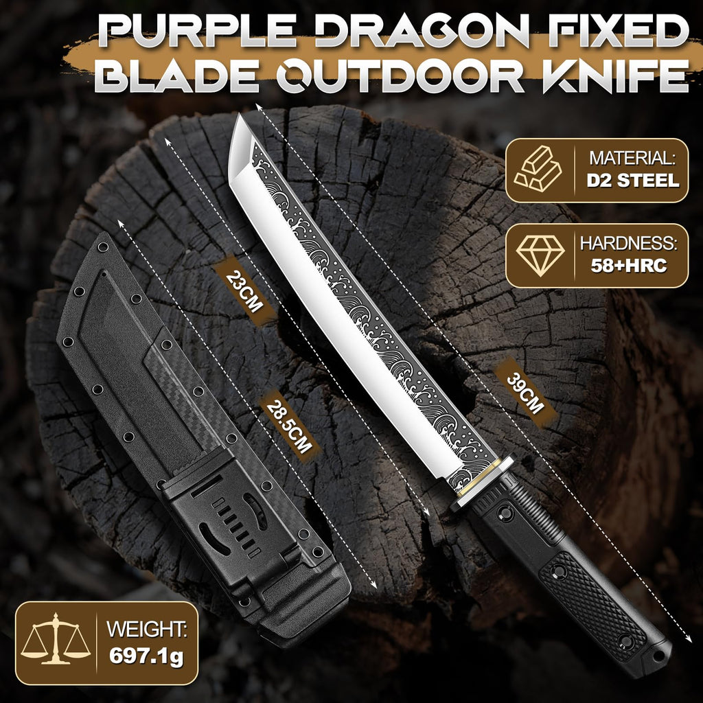 Purple Dragon Tanto Knife with Sheath - Japanese Fixed Blade Knife Forged from a Single Piece of D2 Steel - Survival Knives with G10 Handle - Outdoor Gifts for Men