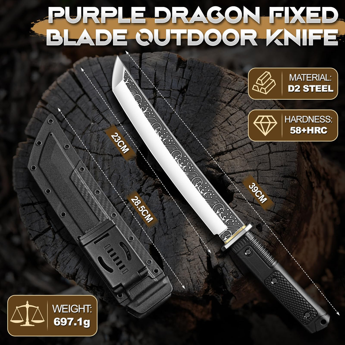 Purple Dragon Tanto Knife with Sheath - Japanese Fixed Blade Knife Forged from a Single Piece of D2 Steel - Survival Knives with G10 Handle - Outdoor Gifts for Men