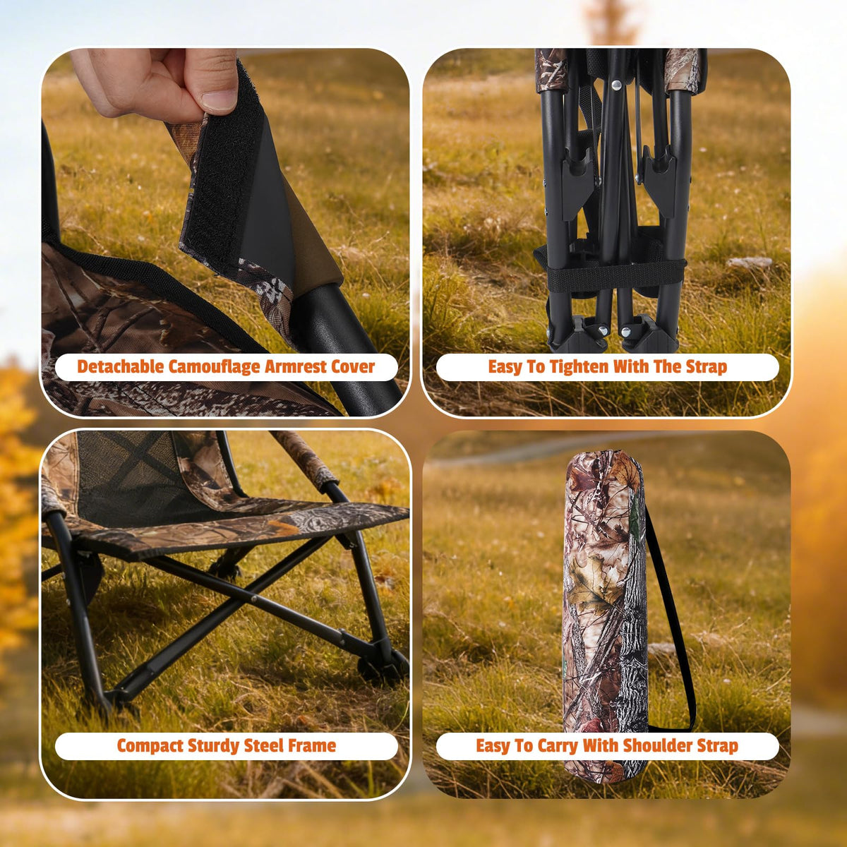 FUNHORUN Turkey Chair for Hunting, Low Profile Hunting Chair with Camouflage Carrying Bag, Camo Foldable Turkey Seat & Camping Lounger, Breathable Base & Portable Design