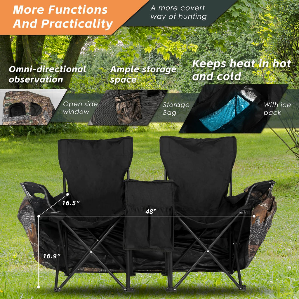 FUNHORUN Hunting Chair Blind, 2 Man See Through Ground Blind, Portable 2 Person Camouflage Chair Tent with Carrying Bag