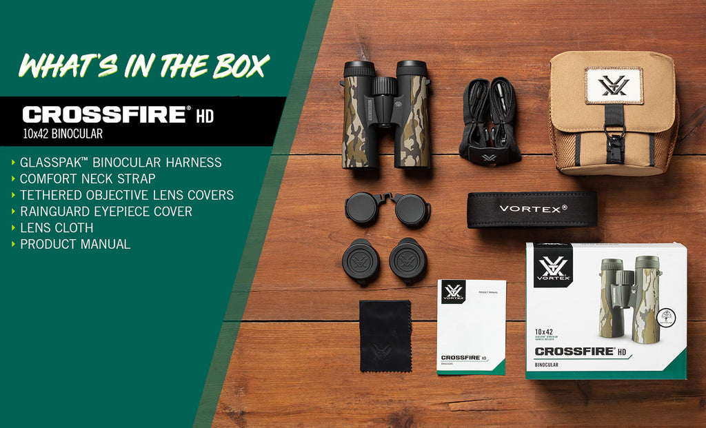 Vortex Crossfire HD 10x42 Binoculars (Mossy Oak Bottomland) - HD Optical System, Tripod Adaptable, Rubber Armor, Waterproof, Fogproof, Shockproof, Included GlassPak - Unlimited, Unconditional Warranty