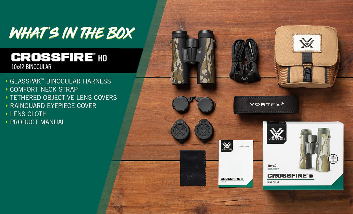 Vortex Crossfire HD 10x42 Binoculars (Mossy Oak Bottomland) - HD Optical System, Tripod Adaptable, Rubber Armor, Waterproof, Fogproof, Shockproof, Included GlassPak - Unlimited, Unconditional Warranty