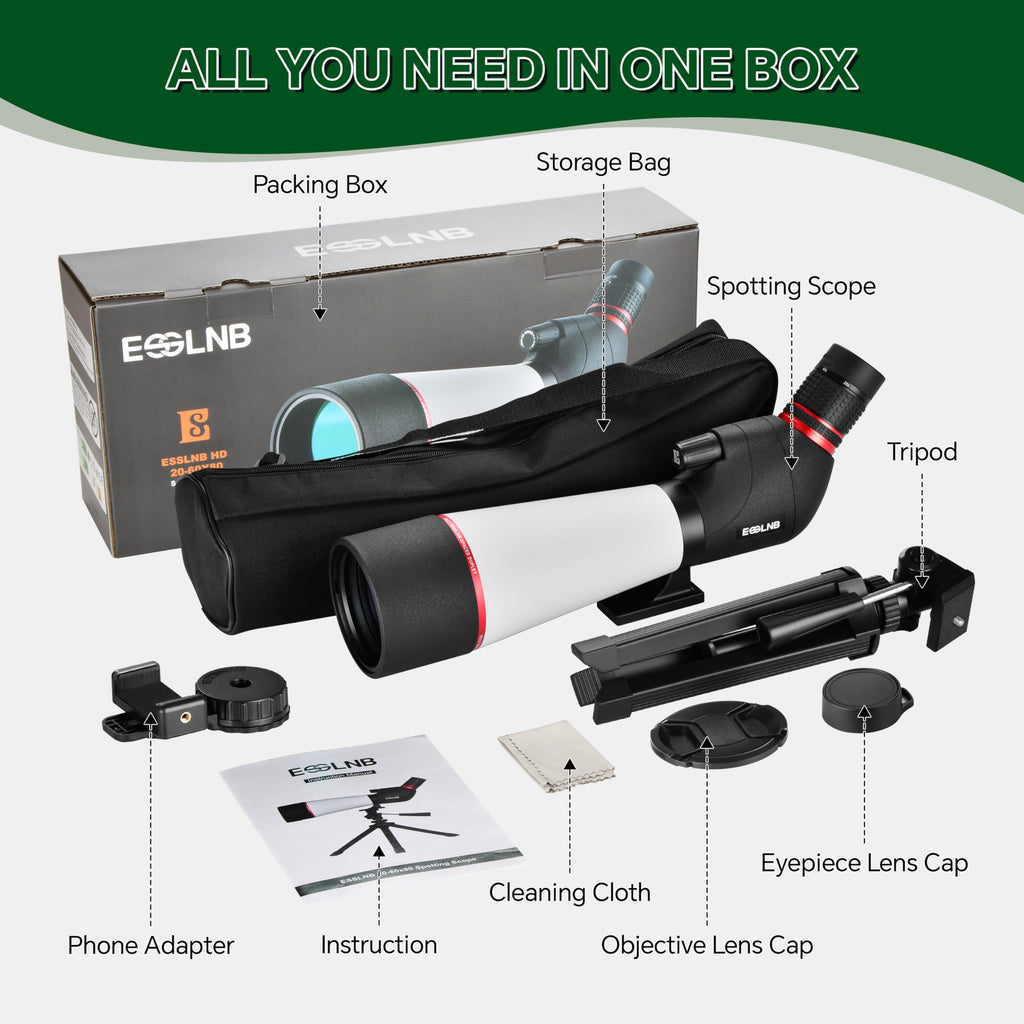 ESSLNB 20-60x80 Spotting Scopes with Tripod, BAK4 High Definition Compact Waterproof Spotter Scope with Phone Adapter and Carrying Bag for Bird Watching Wildlife Scenery