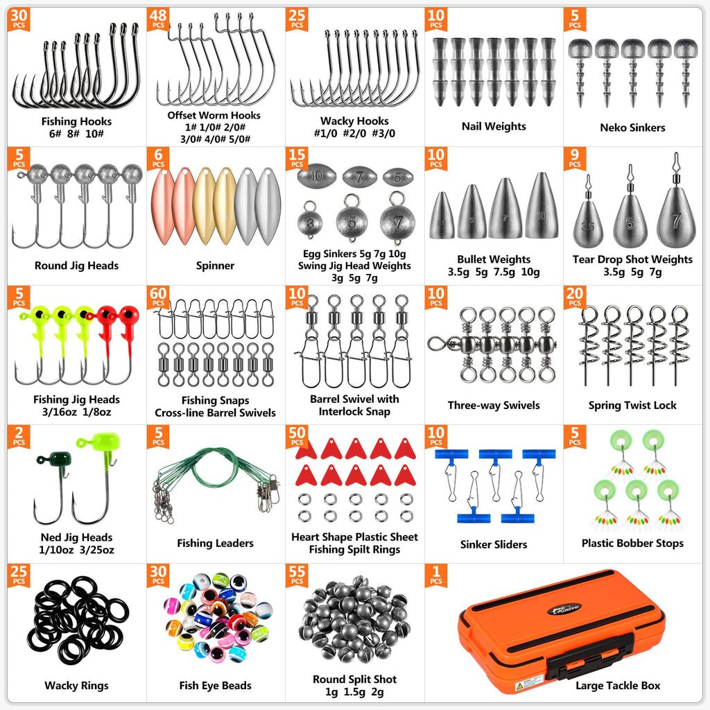 PLUSINNO Fishing Gear Accessories Kit, 449PCS Fishing Tackle Box with Tackle Included, Fishing Hooks, Fishing Weights Sinkers, Jig Heads, Fishing Tackle Set Equipment for Bass Trout, Gifts for men