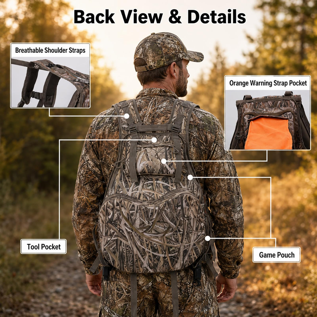 FUNHORUN Turkey Vest with Kickstand and Seat Cushion, Camo Turkey Hunting Vest with Detachable Adjustable Legs Kickstand, Game Pouch, Built-in Seat Frame, for Youth, Men, Women