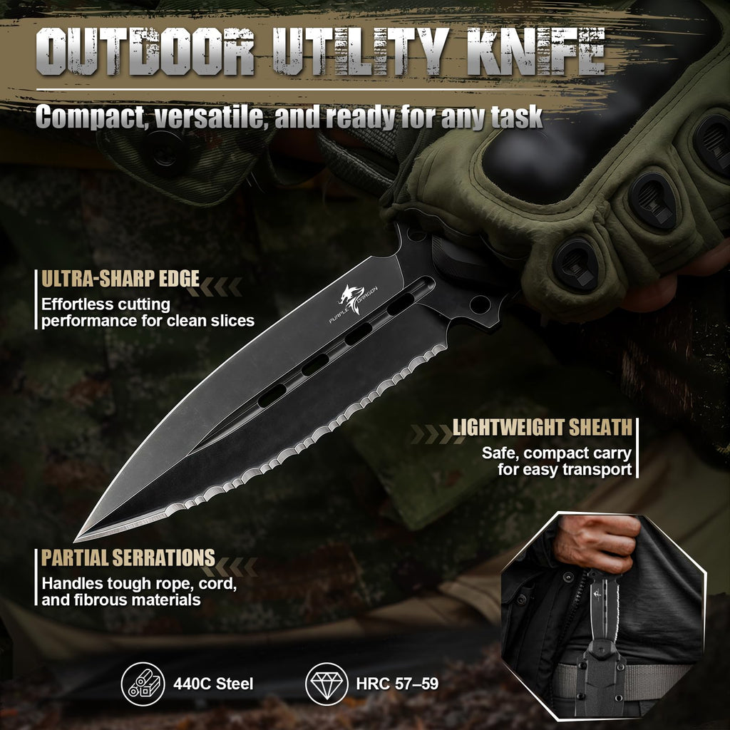 Purple Dragon Fixed Blade Knife with Kydex Sheath,440C Steel Full Tang Outdoor Utility Knife with G10 Handle for Camping, Hiking,Bushcraft & Outdoor Use-Black