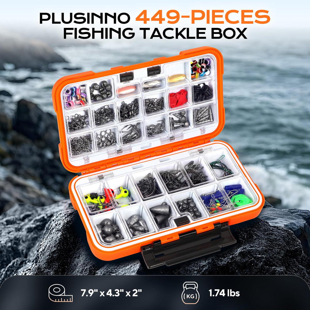 PLUSINNO Fishing Gear Accessories Kit, 449PCS Fishing Tackle Box with Tackle Included, Fishing Hooks, Fishing Weights Sinkers, Jig Heads, Fishing Tackle Set Equipment for Bass Trout, Gifts for men