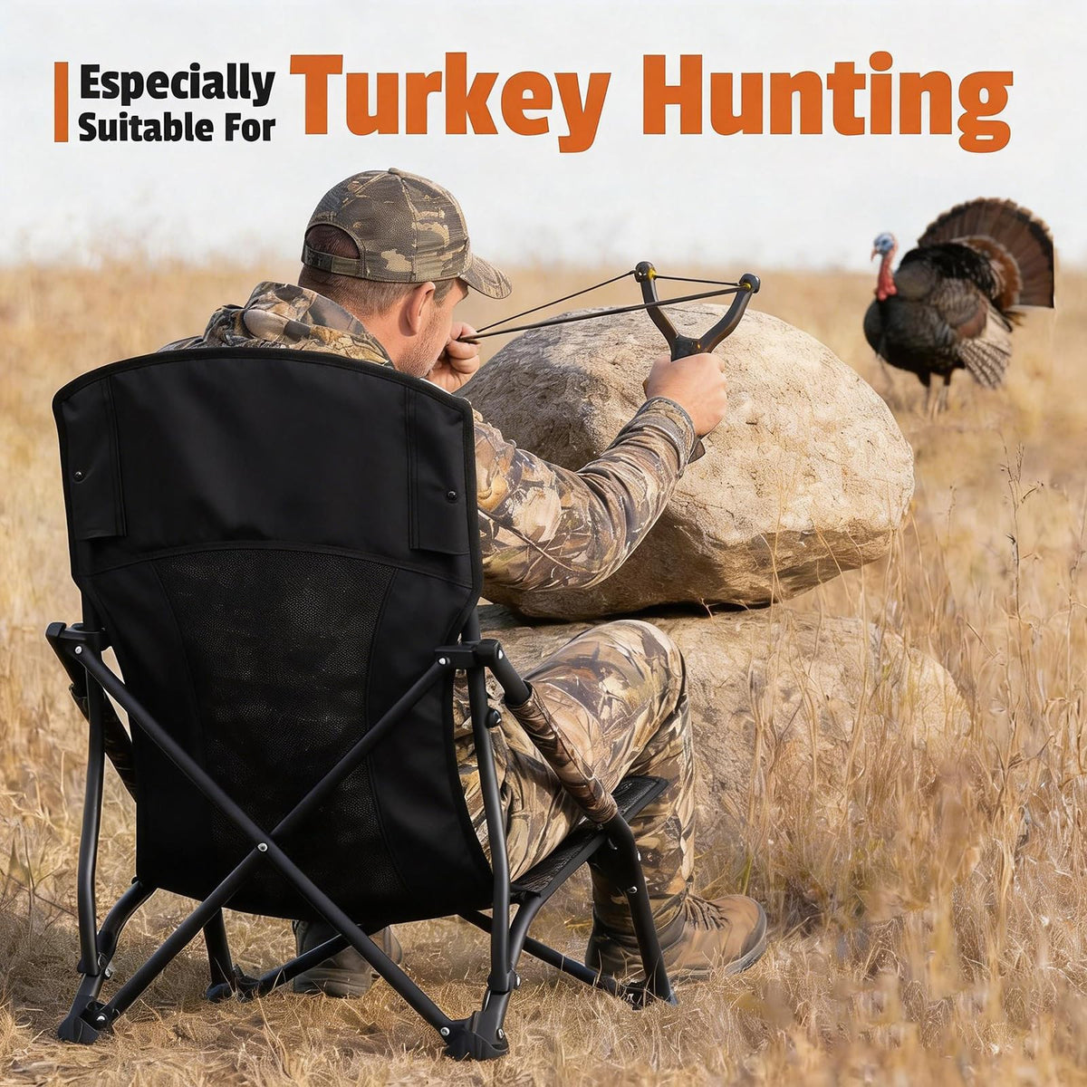 FUNHORUN Turkey Chair for Hunting, Low Profile Hunting Chair with Camouflage Carrying Bag, Camo Foldable Turkey Seat & Camping Lounger, Breathable Base & Portable Design