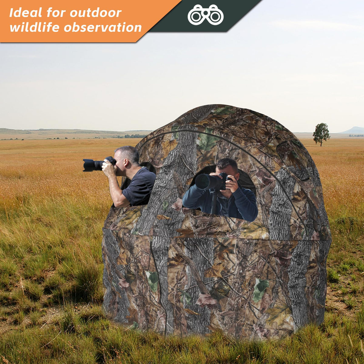 FUNHORUN Hunting Chair Blind, 2 Man See Through Ground Blind, Portable 2 Person Camouflage Chair Tent with Carrying Bag