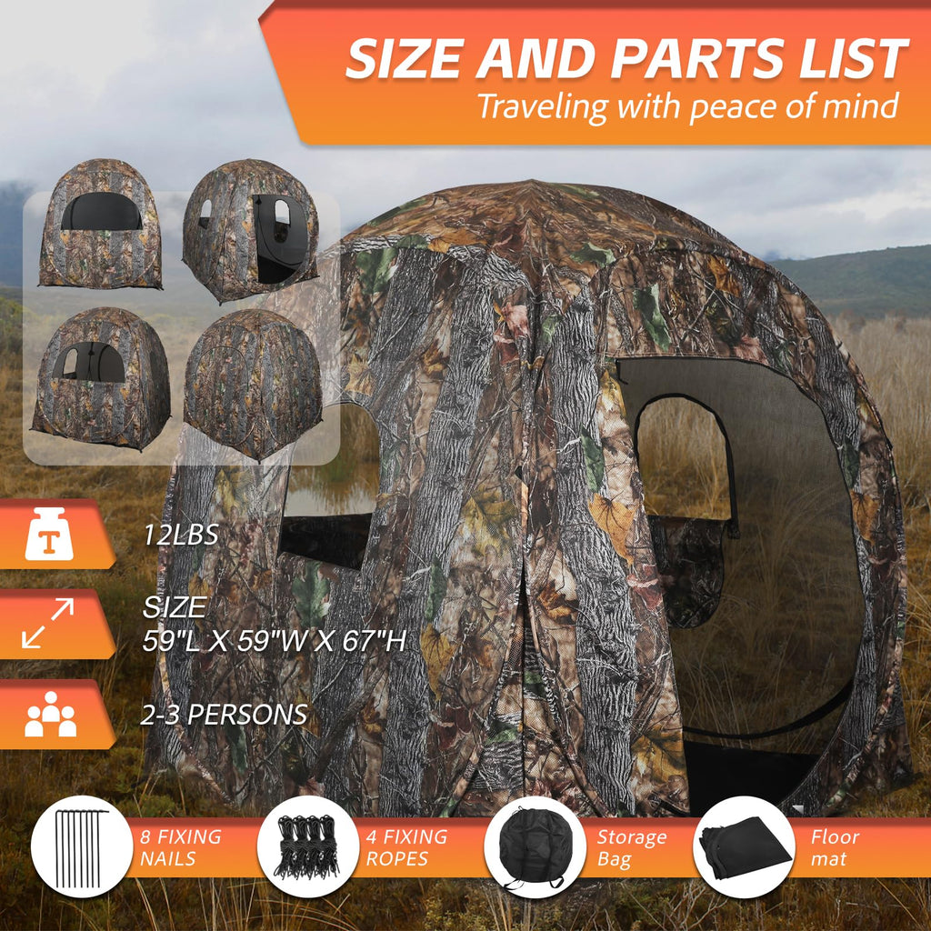 FUNHORUN Hunting Blind 360 Degree See Through with Floor Mat, 2/3 Person Ground Blind, Quick Set Pop Up Tent, Spring Steel Camouflage Tent for Deer and Turkey