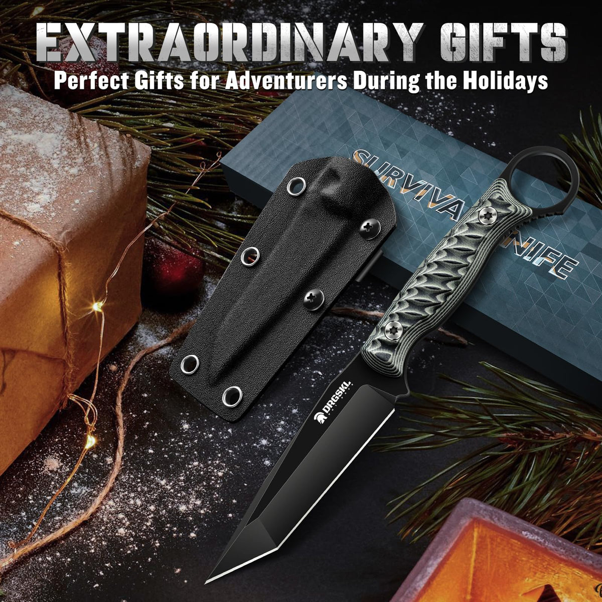 DRGSKL Tanto Fixed Blade Knife - Full Tang Survival Knife for Bushcraft - Camping Knives with Sheath - Black Knives Forged from a Single Piece of D2 Steel - Ideal Gift for Men - Green