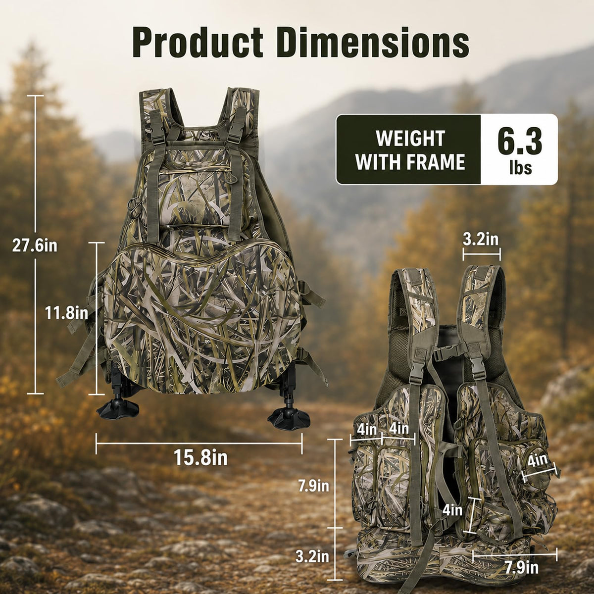 FUNHORUN Turkey Vest with Kickstand and Seat Cushion, Camo Turkey Hunting Vest with Detachable Adjustable Legs Kickstand, Game Pouch, Built-in Seat Frame, for Youth, Men, Women