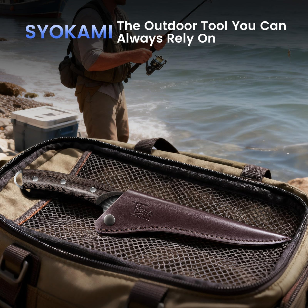 SYOKAMI Fillet Knife, 9 Inch Boning Knife with Leather Sheath, Sharp Filet Knives for Fish and Meat, Non-slip Wooden Handle, Professional Japanese Knives For Fishing and Hunting, Outdoor Kitchen Gift