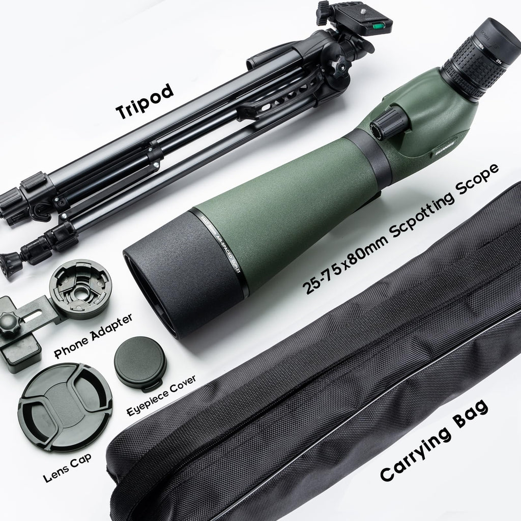 GUANIEE 25-75x80 Spotting Scope for Target Shooting with Upgraded Tripod Carrying Bag and Phone Adapter Spotter Scope for Bird Watching, Wildlife Viewing Camo