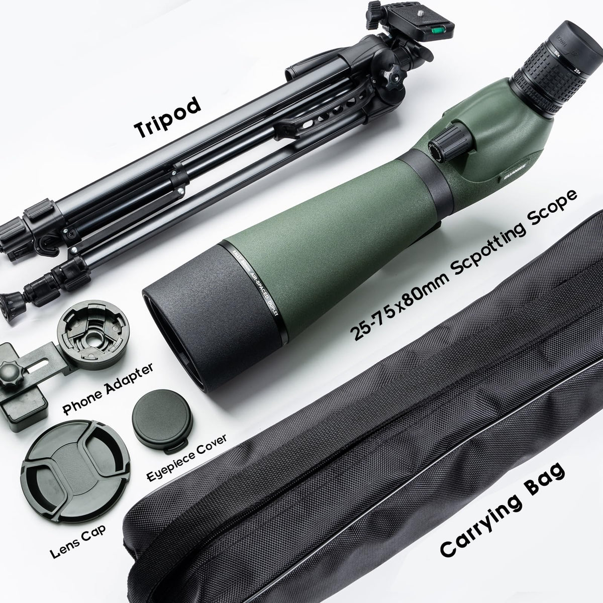 GUANIEE 25-75x80 Spotting Scope for Target Shooting with Upgraded Tripod Carrying Bag and Phone Adapter Spotter Scope for Bird Watching, Wildlife Viewing Camo