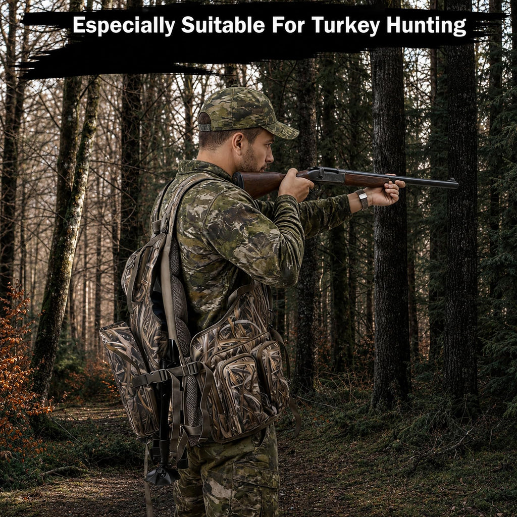 FUNHORUN Turkey Vest with Kickstand and Seat Cushion, Camo Turkey Hunting Vest with Detachable Adjustable Legs Kickstand, Game Pouch, Built-in Seat Frame, for Youth, Men, Women