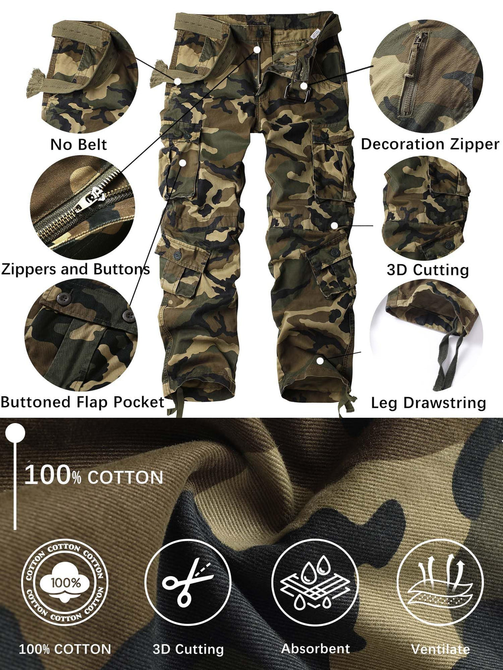 AKHIKING Men's Camo Cargo Work Pants Cotton Tactical Ripstop Casual Combat Pants with 8 Pockets Caoyuan 36x32