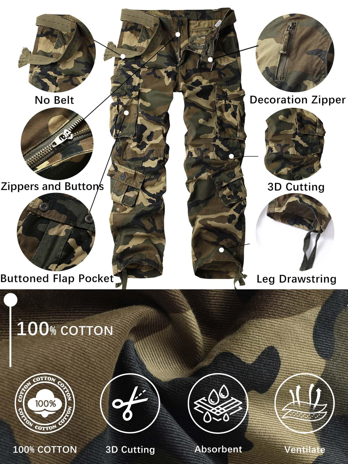 AKHIKING Men's Camo Cargo Work Pants Cotton Tactical Ripstop Casual Combat Pants with 8 Pockets Caoyuan 36x32