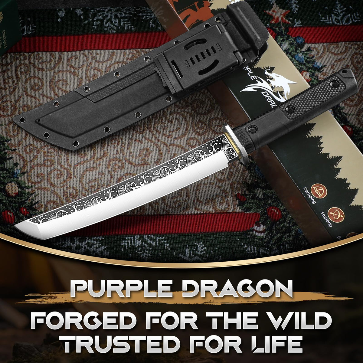 Purple Dragon Tanto Knife with Sheath - Japanese Fixed Blade Knife Forged from a Single Piece of D2 Steel - Survival Knives with G10 Handle - Outdoor Gifts for Men