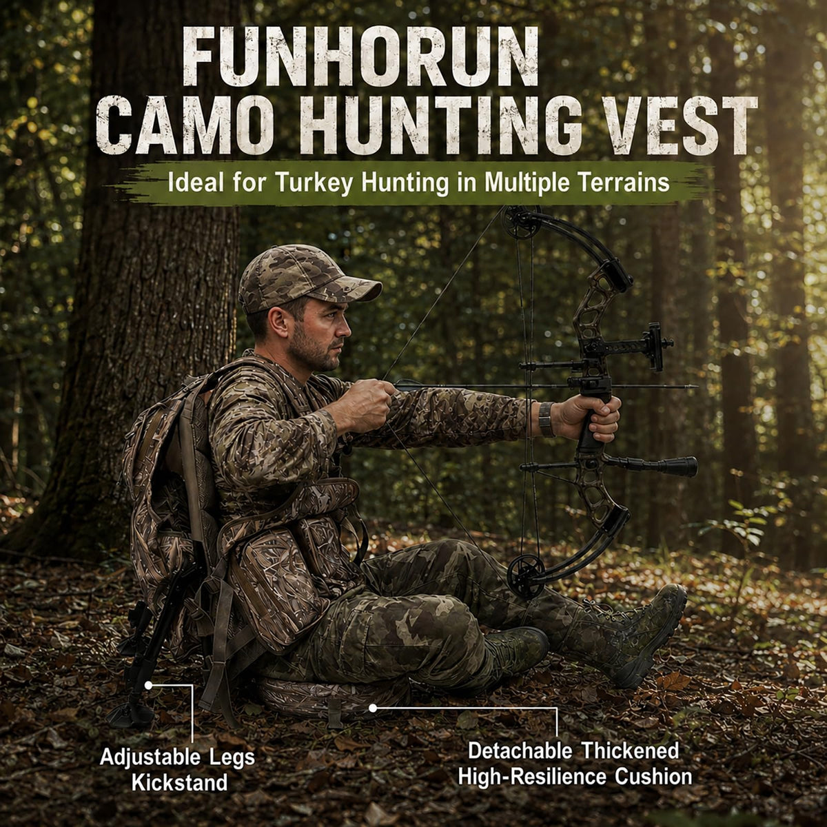 FUNHORUN Turkey Vest with Kickstand and Seat Cushion, Camo Turkey Hunting Vest with Detachable Adjustable Legs Kickstand, Game Pouch, Built-in Seat Frame, for Youth, Men, Women