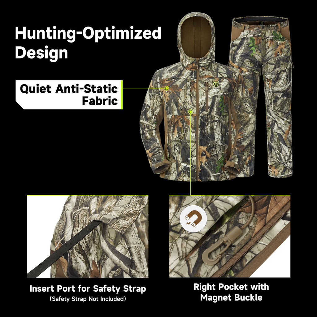 TIDEWE Hunting Clothes for Men with Fleece Lining, Safety Strap Compatible Water Resistant Silent Jacket and Pants, Hunting Suit for Climbing Hiking Trekking Camping (Next Camo G2 Size L)
